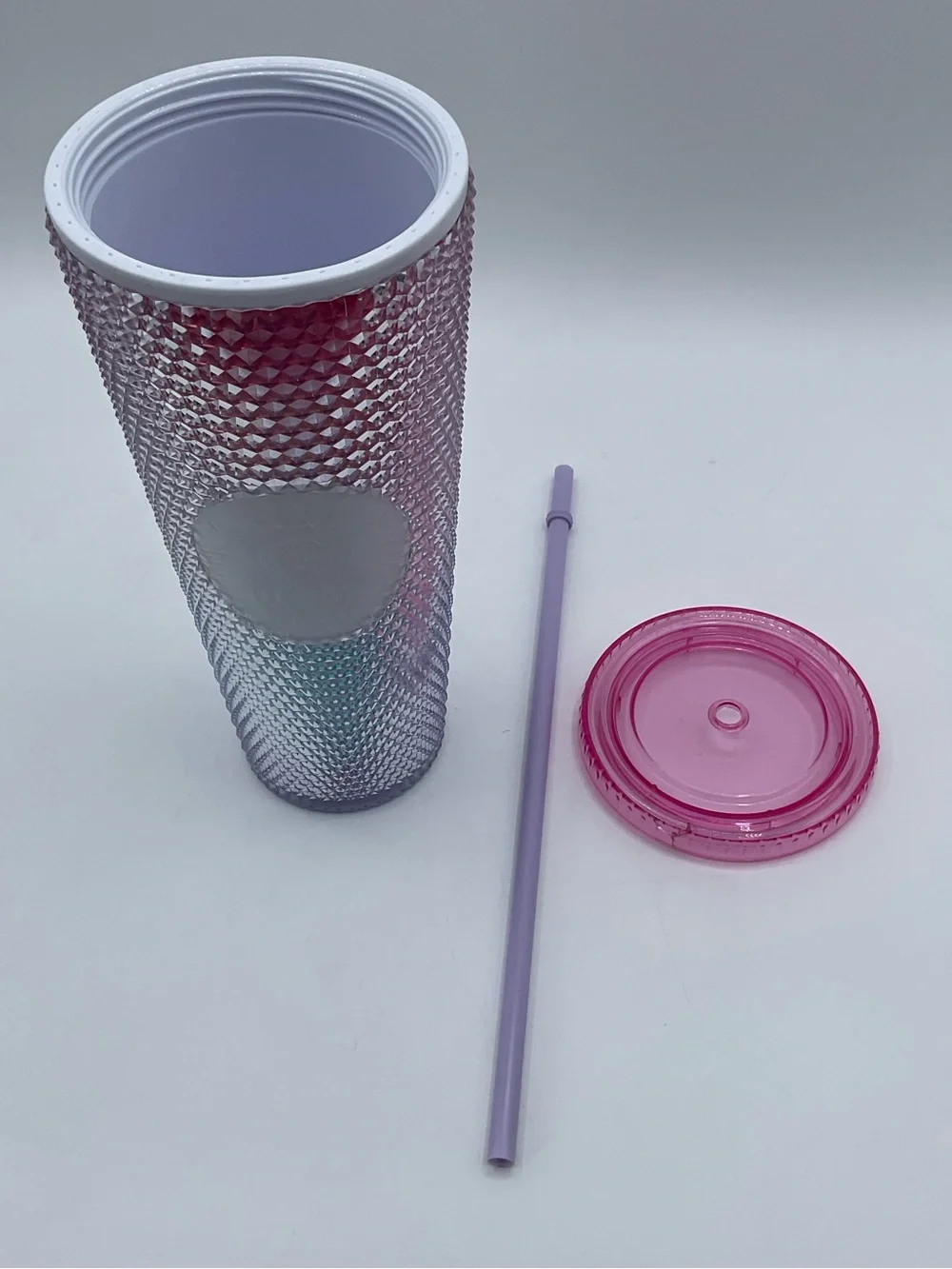 Starbucks 24 oz Jeweled Rainbow Iridescent Tumbler Pink Lid Straw Cold studded